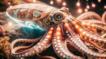 Fototapeta premium ocean animals A vibrant squid glows with colorful patterns, set against a blurred background of fairy lights.