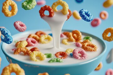 A vibrant cereal advertisement featuring a dynamic swirl of milk and colorful cereal loops