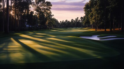 Sun-Drenched Serenity: A Golf Course Embraced by Twilight's Hues and Shadows