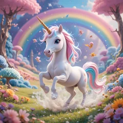 a playful scene of a unicorn playing in fantasical colorful world