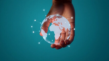 Diverse and modern learning environment with hand touching globe, global network connection innovation