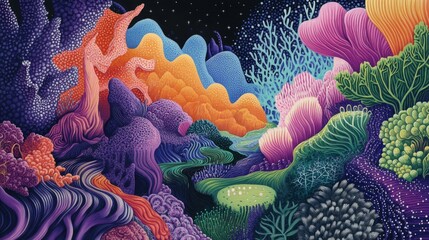 A stunning abstract underwater scene with vibrant corals, flowing shapes, and intricate patterns, evoking marine beauty and mystery, ideal for creative uses and designs.. AI Generation