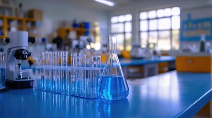 Science Lab: Blue Liquid in Glassware for Medical or Chemical Research