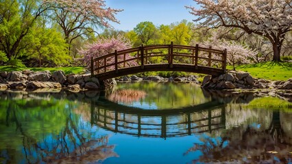 A serene  garden with a wooden bridge over a tranquil pond, surrounded by blooming cherry blossom trees. The scene is beautifully reflected in the water