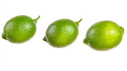 Three Fresh Green Limes Isolated on White Background Highlighting Their Vibrant Color and Texture