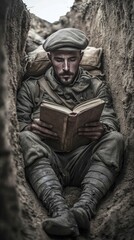Obraz premium Vintage scene of a soldier sitting in a trench reading an old book for comfort. The composition captures solitude, hardship, and quiet reflection during war.. AI Generation