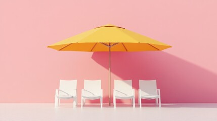Sleek summer vacation style white chairs under a mustard-yellow umbrella soft coral pink background modern minimalist beach aesthetic 3D realism.
