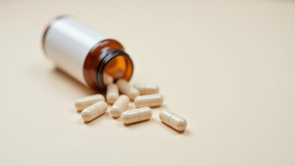 Unopened bottle of Magnesium Glycinate capsules spilled onto light gray surface.
