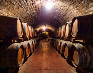 Ancient wine barrels in rustic cellar