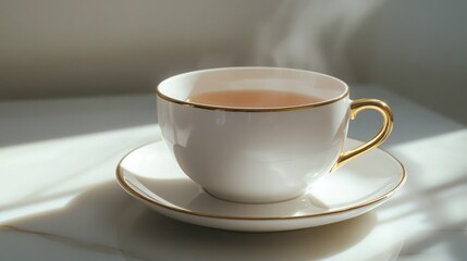 A minimalist white ceramic teacup with a gold rim, placed on a clean white saucer, soft steam rising, soft light on the surface