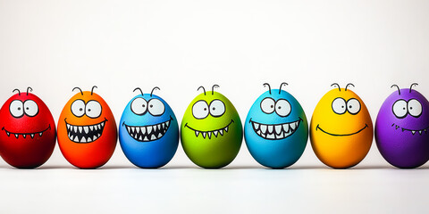 Naklejka premium Colorful easter eggs with silly faces, funny expressions in bright hues, cheerful egg lineup, humorous emoji in festive style. For easter humor cards, playful decor, kids activities. Copy space