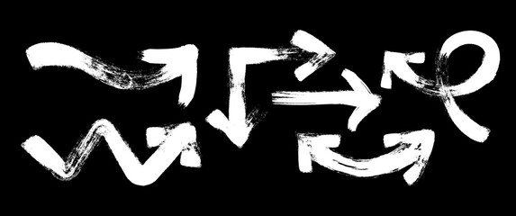 Collection of hand-drawn white brushstroke arrows on a black background a grunge and abstract style. Ideal for design elements, direction indicators, and creative illustrations.Vector illustration