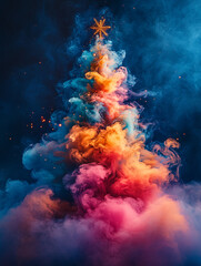 Colorful smoke forms a vibrant Christmas tree display