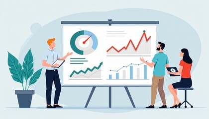 Fototapeta premium A detailed illustration of a real estate team analyzing market data.