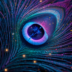 Obraz premium A zoomed-in view of a peacock’s iridescent feathers