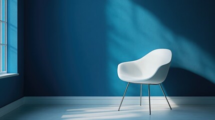 A modern white chair with a simple silhouette, placed on a deep blue background