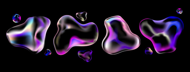 Iridescent liquid shapes with glossy reflection set. Abstract transparent bubbles of different shapes. Bright neon shades and liquid shapes,perfect for futuristic digital design.Vector illustration