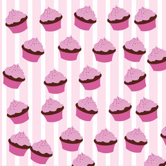 Seamless Cupcake Pattern on Striped Pink Background