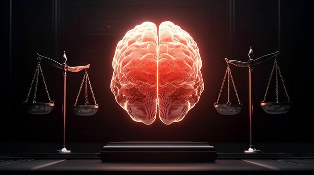 Large language model AI ethics concept. A brain symbolizing justice with scales in a dark setting.