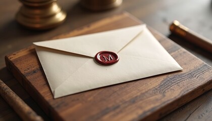 "Luxury envelope mock up with wax seal and embossed monogram."