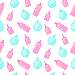Seamless pattern, cosmetics, personal care. Jars for tonic, serum. Vector flat illustration on white background