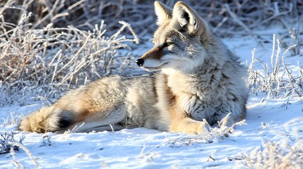 Obraz premium Coyote Sitting on Frosty Ground Covered with Snow in Natural Habitat During Winter