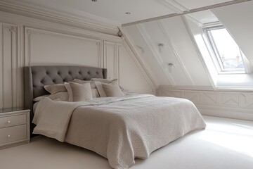 A modern bedroom featuring a bed with numerous pillows and light
