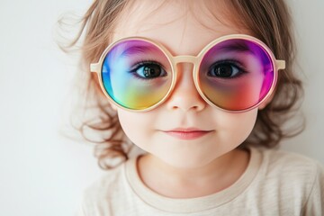 Adorable toddler girl with colorful round sunglasses, looking directly at the camera.