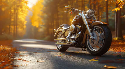 Obraz premium Biker's Autumn Ride: A classic motorcycle rests on an asphalt road, amidst a vibrant forest of golden and orange leaves, evoking the spirit of freedom and adventure.