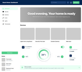 Smart Home Dashboard, Home Automation Panel, IoT Control Center, Connected Home Interface, Home Management System, Digital Home Hub, Intelligent Living Dashboard, Household Monitoring Panel, Smart Dev