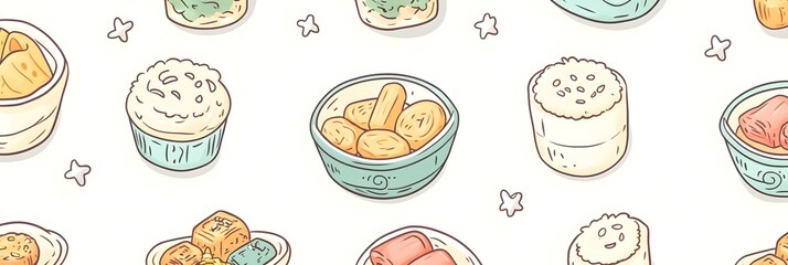 Colorful illustration of various dim sum dishes arranged on a light background with stars