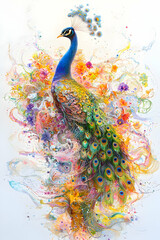 Vibrant Peacock in Colorful Paint Splash