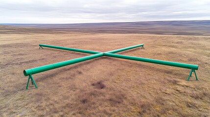 Green pipes crossing each other in a vast open landscape