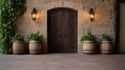 rustic vineyard entrance featuring wooden door framed by stone walls, illuminated by lanterns, and adorned with wooden barrels filled with lush green plants, creating warm and inviting atmosphere