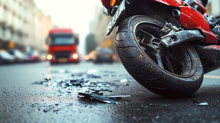 Aftermath of a Motorcycle Accident: A dramatic close-up reveals the aftermath of a motorcycle crash on a city street, with shattered glass and a damaged vehicle.