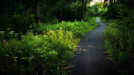 Winding Path Through Lush Greenery and Sunlit Forest in Early Morning Light