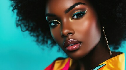 A close-up portrait of a beautiful black woman, beauty and cosmetics concept. jacket