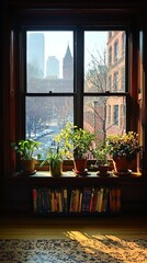 Fototapeta premium Sunlit city view from indoor window