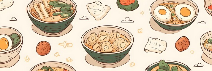 Colorful illustration of various noodle dishes with toppings, set against a light background