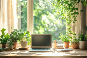 Laptop on desk with plants and books in the background.