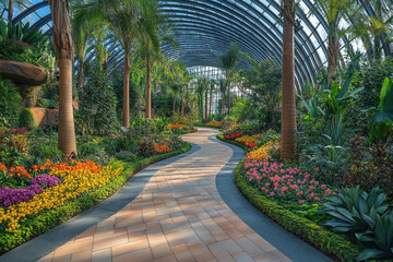 Naklejka premium Conservatory at Gardens by the Bay: Giant glass dome glowing, lush greenery inside, winding walkways, futuristic architecture blending with nature's beauty.