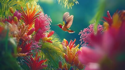 Vibrant Hummingbird Hovering Near Colorful Tropical Flowers