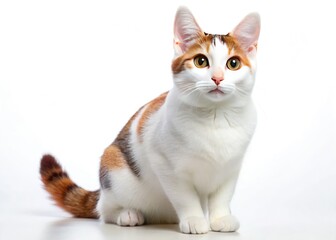 Obraz premium High-resolution image: adorable white Japanese Bobtail cat, full body, cute pose, pure white background.