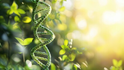 DNA helix amidst lush greenery. Sunlight filters through leaves