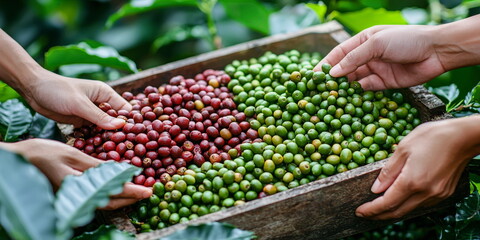 Harvesting red and green coffee beans. Sorting the coffee crop