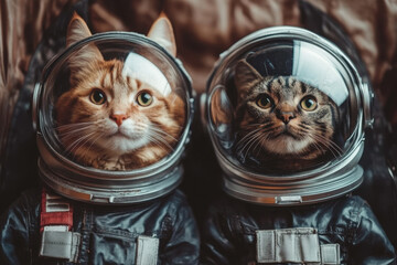 Two cats in space suits floating weightlessly within a spaceship, their tails curled up, surrounded by glowing control panels and a view of outer space.