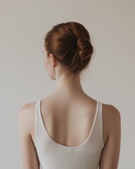 Minimalistische Rückenansicht einer Frau in einem Bodysuit vor weißem Hintergrund
