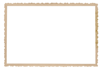 Vintage photo paper frame with scalloped edge and dust and splatters isolated on transparent background. Scanned material for retro photo frames and templates	