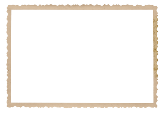 Vintage photo paper frame with scalloped edge and dust and splatters isolated on transparent background. Scanned material for retro photo frames and templates	