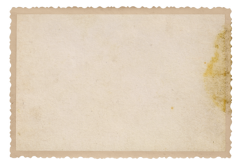Vintage scalloped edge photo paper with dust, creases, and splatters on transparent background (png image). Useful for design, vintage effects, and backgrounds.	